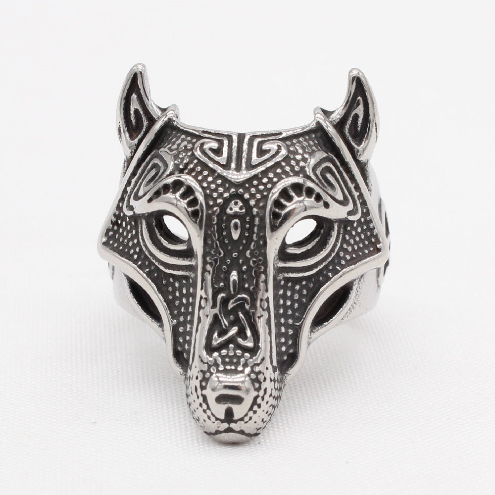 Kemstone Titanium Steel Wolf Head Ring for Men Sculpted Texture Vintage R1637