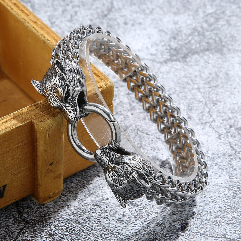 Kemstone Vintage Viking Wolf Head Titanium Steel Ring & Double Wolf Head Chain Bracelet Set - Punk Celtic Knot Adventure Jewelry for Men 	KR48275