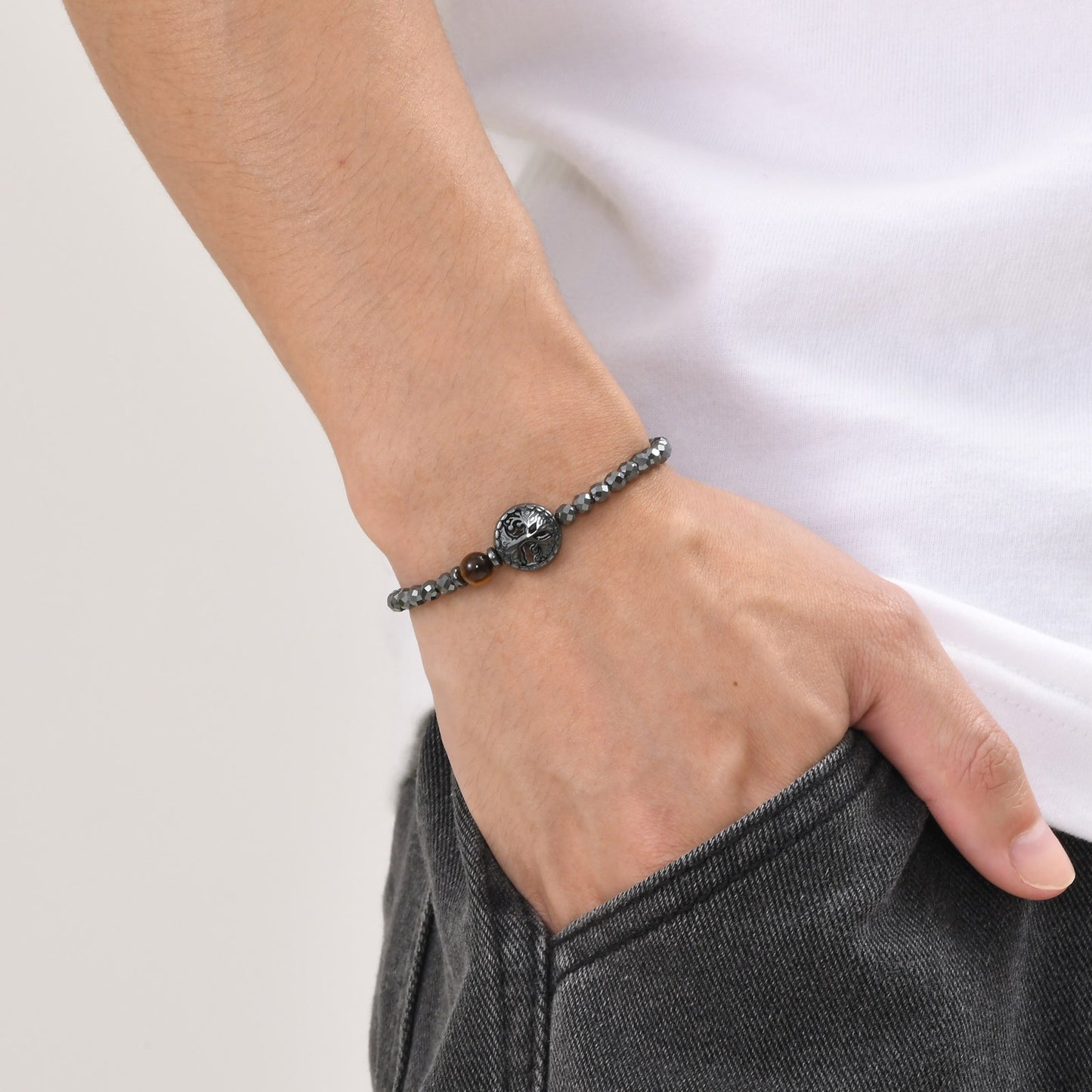 Kemstone Stainless Steel Tree of Life Tiger Eye & Hematite Beaded Bracelet for Men BR-1782