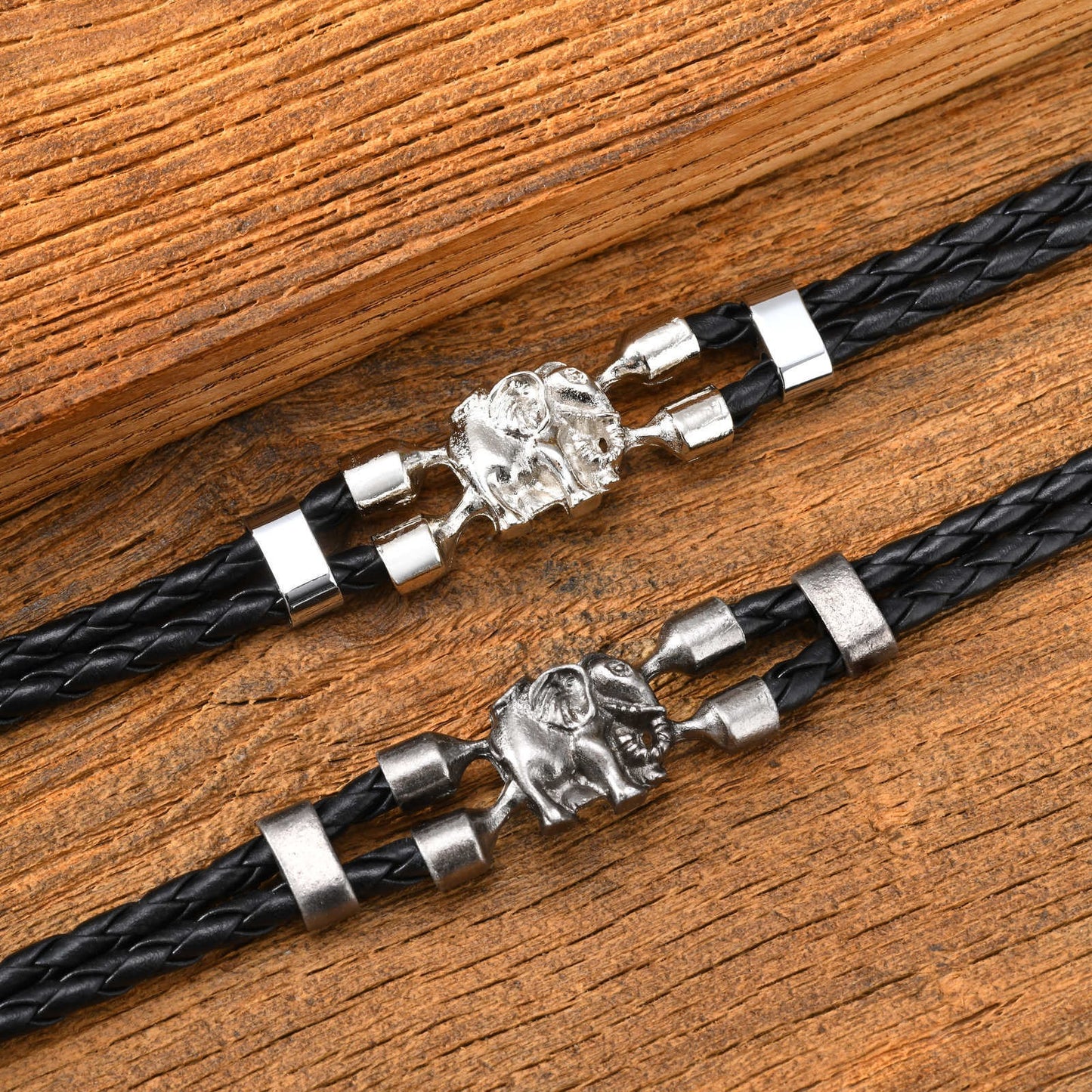 Kemstone Elephant Leather Bracelet Double Braided Black PU Cord with Alloy Clasp for Men BL-825