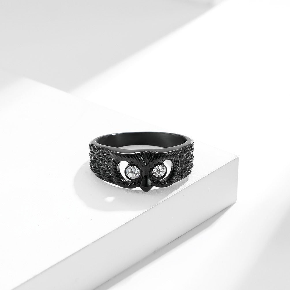 Kemstone Stainless Steel Owl Ring – Vintage Finish Animal Band with Cubic Zirconia Eyes for Men & Women K-R625