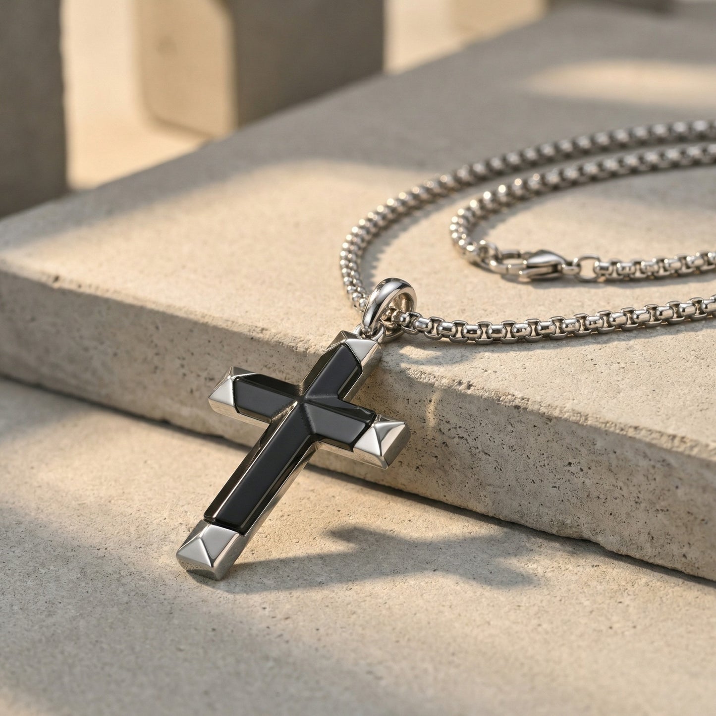 Kemstone Stainless Steel Black Onyx Cross Pendant Necklace for Men PN-2303