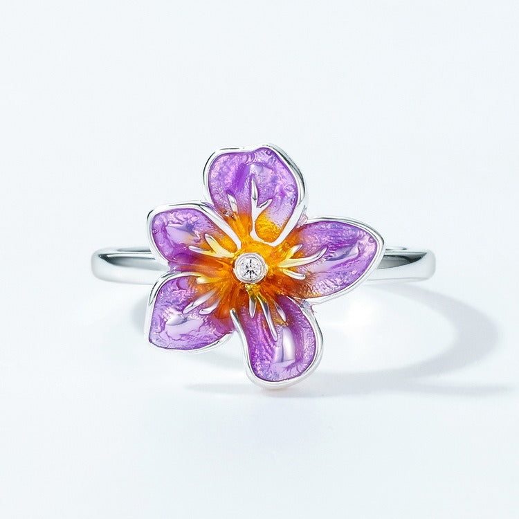 Anillo de flor de esmalte violeta, diseño original artesanal de Kemstone - Ajustable - Plata S925 bañada en oro