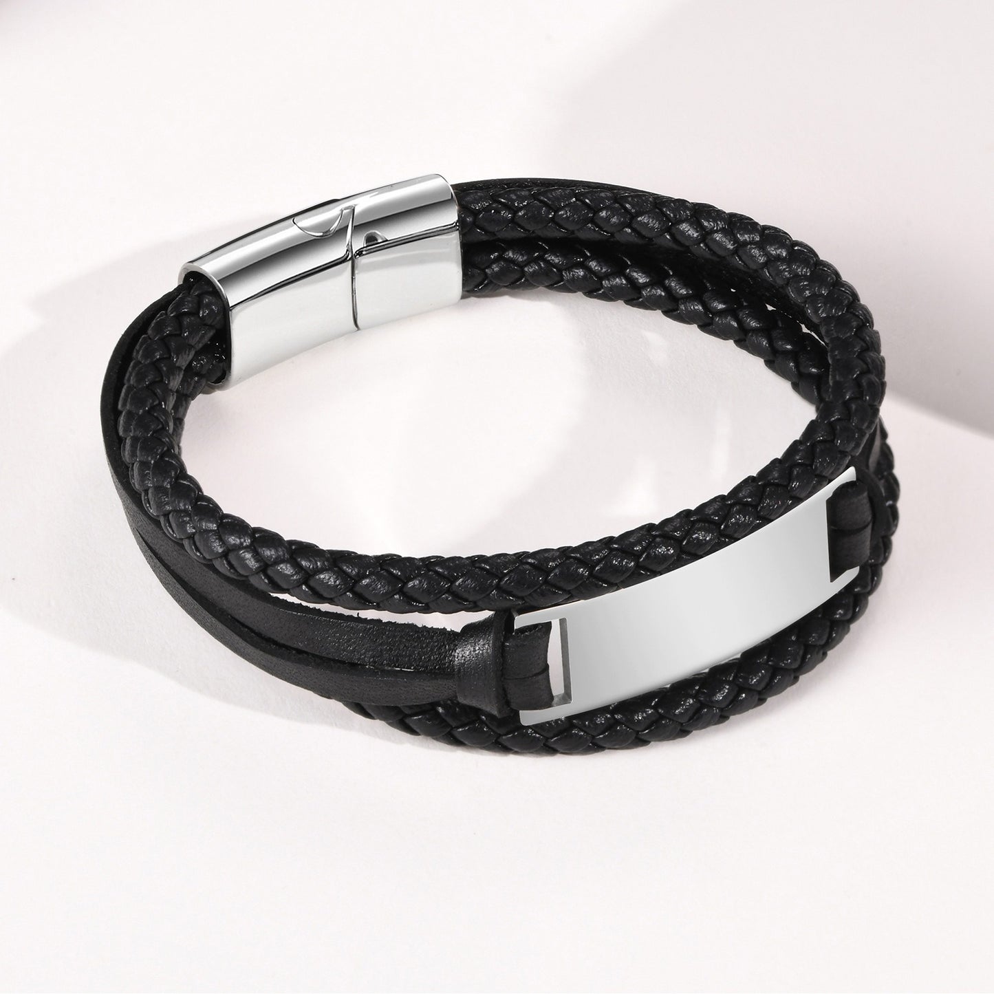 Kemstone Stainless Steel Braided Leather Bracelet for Men – Black ID Bar Design BL-669