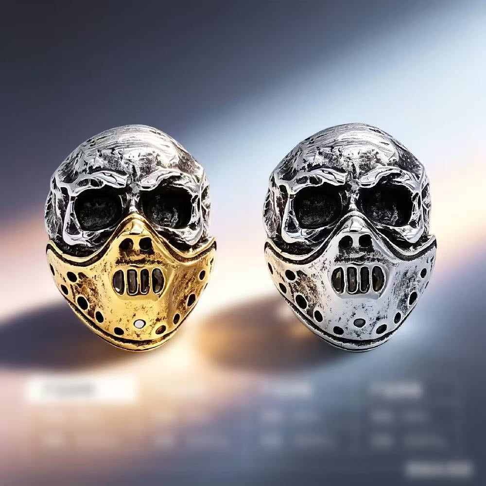 Kemstone Masked Skull Ring for Men Stainless Steel Gothic Vintage Sculpted Face R1216