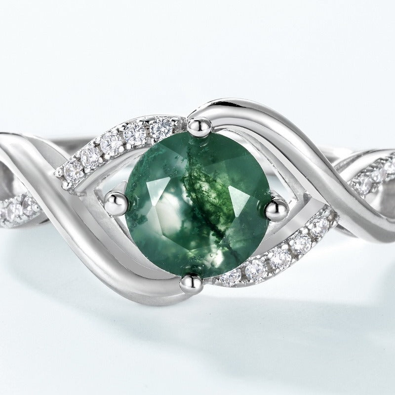 Anillo de ágata musgosa con ondas elegantes, diseño original artesanal de Kemstone - Plata de ley 925 de lujo con baño de platino