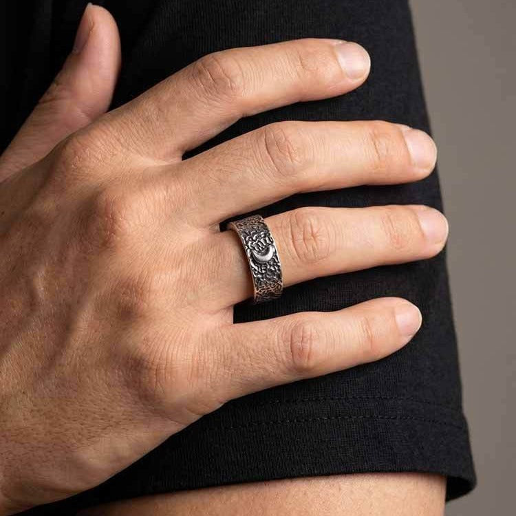 Kemston Sun Moon Ring for Men Stainless Steel Textured Vintage RC-1146