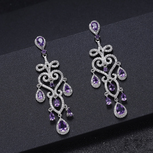 Kemstone Natural Amethyst Chandelier Earrings with Cubic Zirconia Accents - Elegant Gemstone Dangles,K245022E