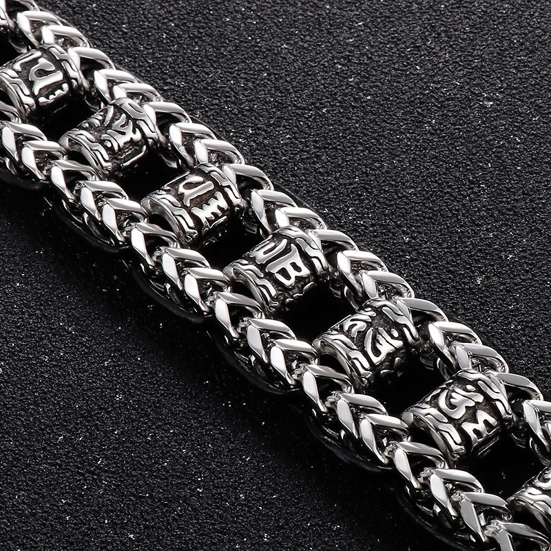 Kemstone Vintage-Style Dragon Bone Chain Bracelet & Punk Hollow-Titanium Steel Man's Ancient Six-Syllable True-Word Necklace KB145903