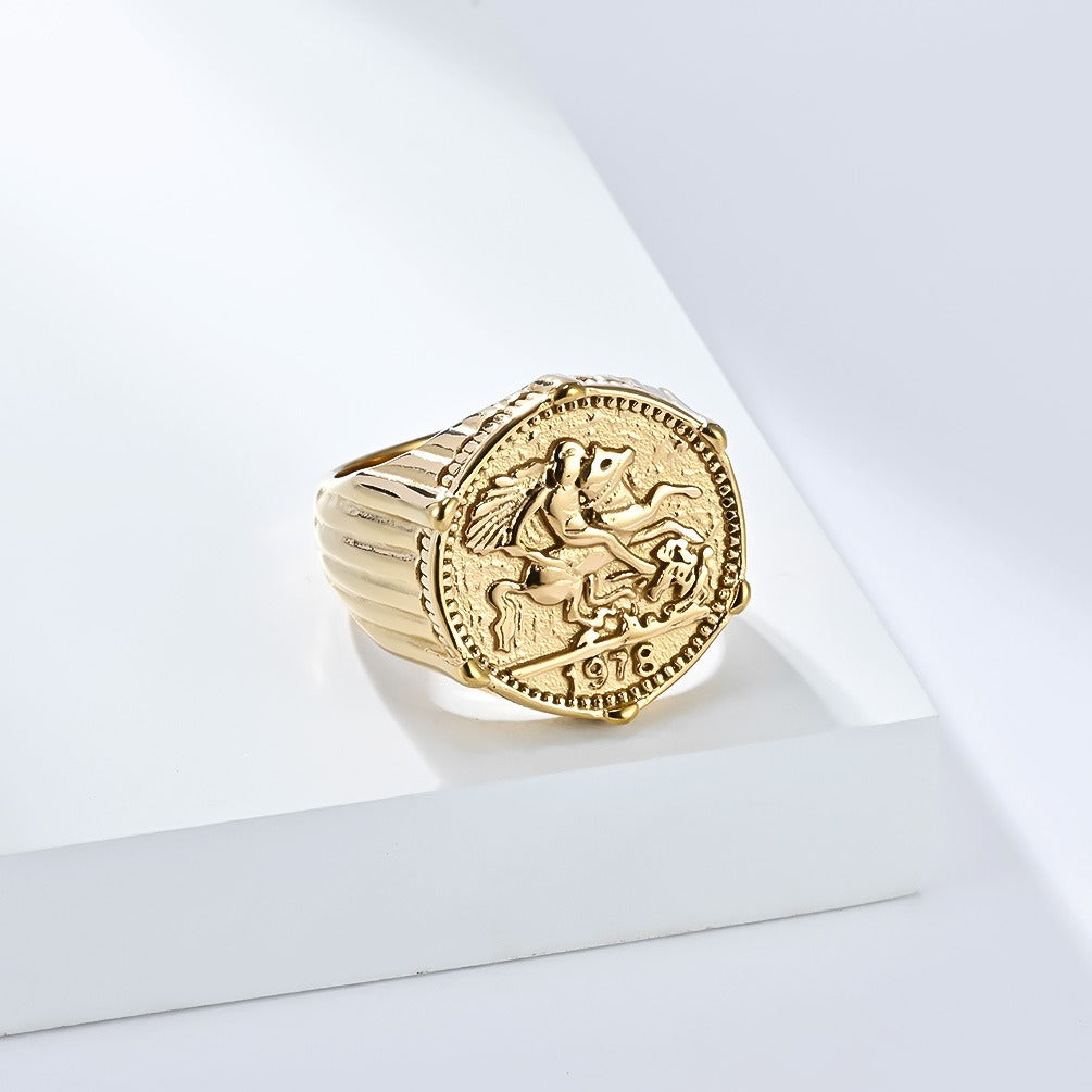 Kemstone Figure Relief Signet Ring for Men Stainless Steel Vintage Engraved K-R996
