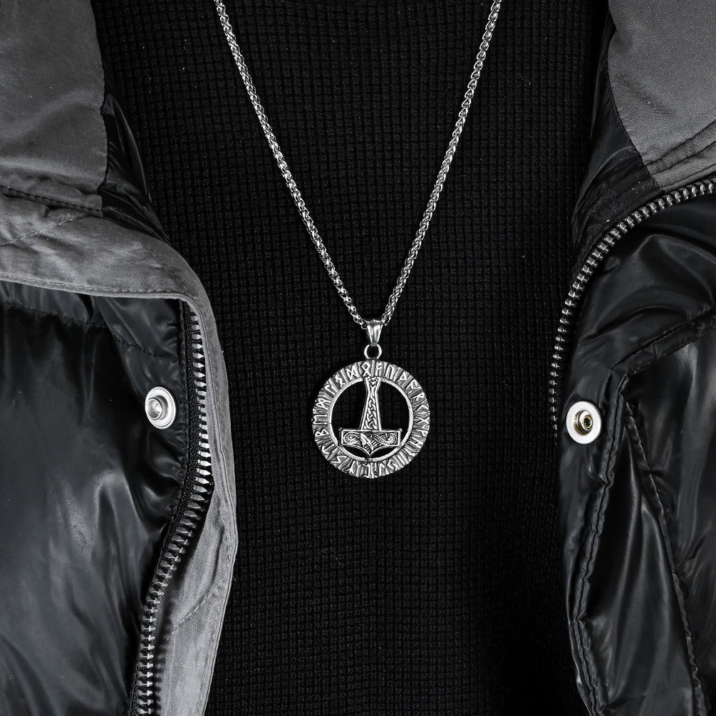Kemstone Nordic Rune Hammer Pendant Necklace for Men Stainless Steel Engraved Vintage K-PT553