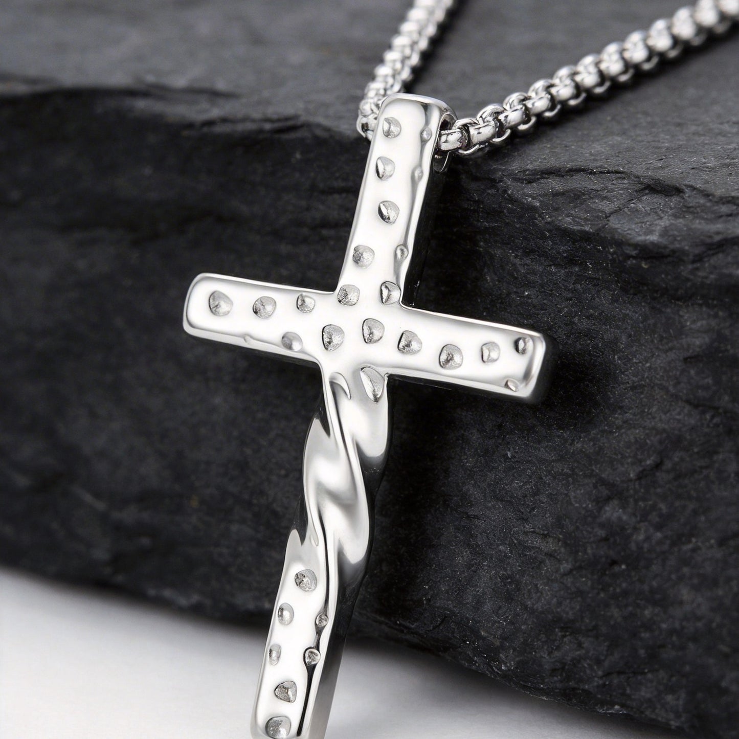 Kemstone Cross Pendant Necklace Stainless Steel Hammered Twisted Design for Men NC-2636S