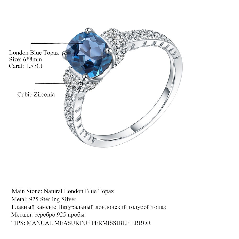 Anillo de topacio azul de Londres de 1,57 ct, diseño original artesanal de Kemstone, en plata de ley S925 con circonita cúbica para mujer.