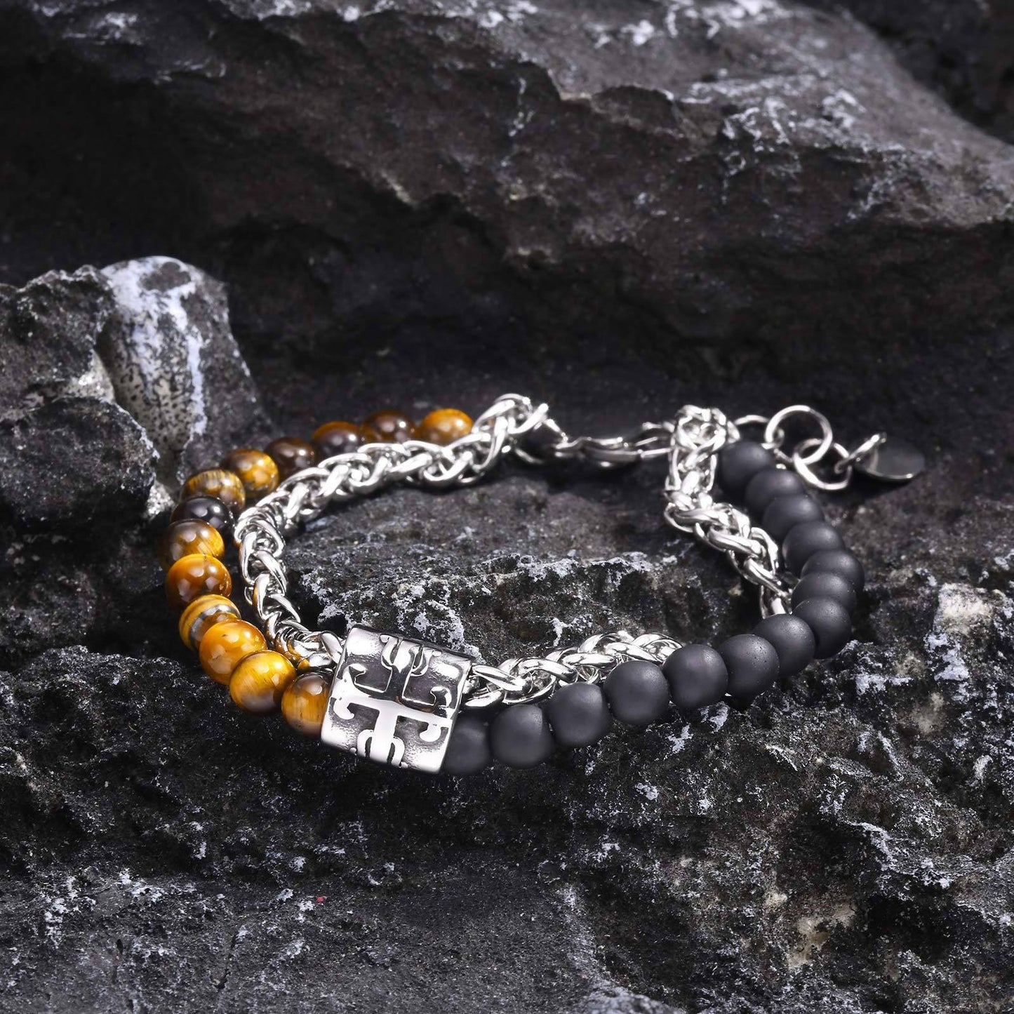 Kemstone Stainless Steel Double Layer Cross Beaded Bracelet for Men – Tiger Eye & Black Agate BR-1902