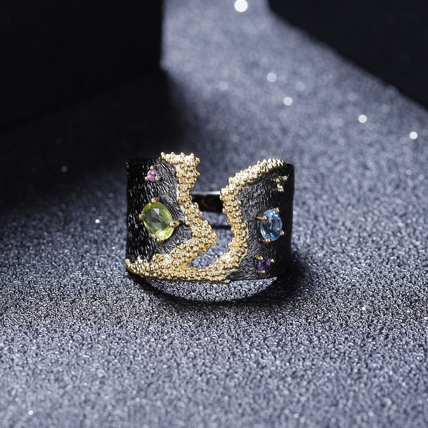 Kemstone Designer-Edelsteinring S925 Sterlingsilber mit natürlichem Peridot/Amethyst/Topas 