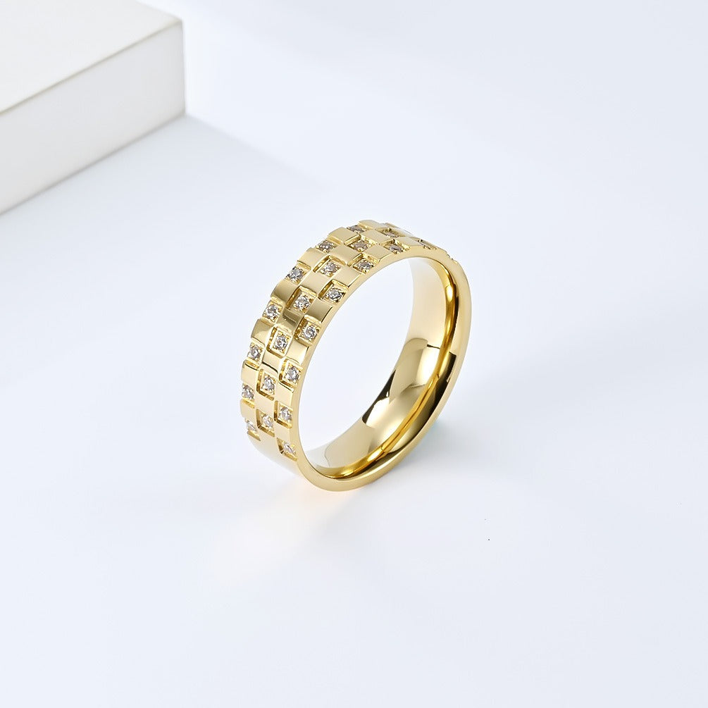 Kemstone Titanium Steel Grid Cubic Zirconia Ring Geometric Design for Men Women K-R743