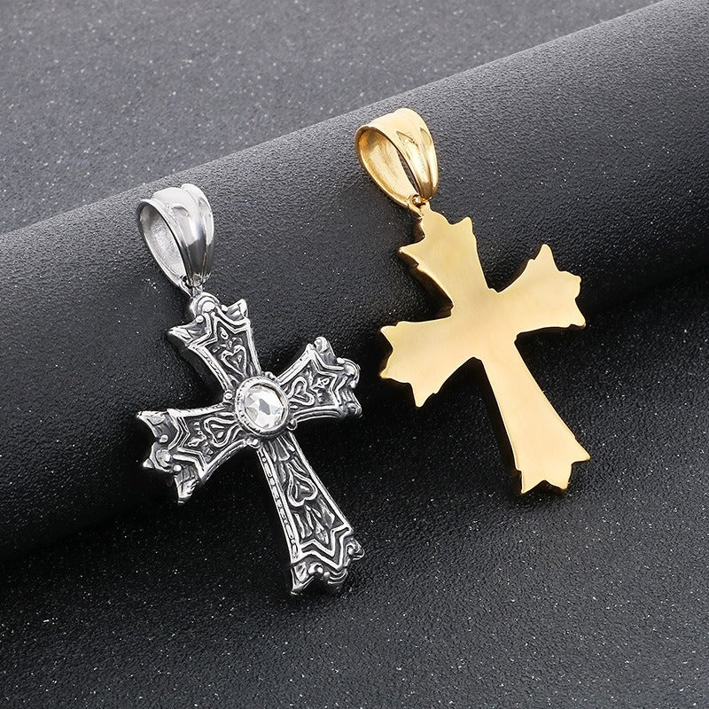 Kemstone Titanium Steel Gothic Cross Pendant Necklace for Men – Heart Cubic Zirconia KP115573-KJX