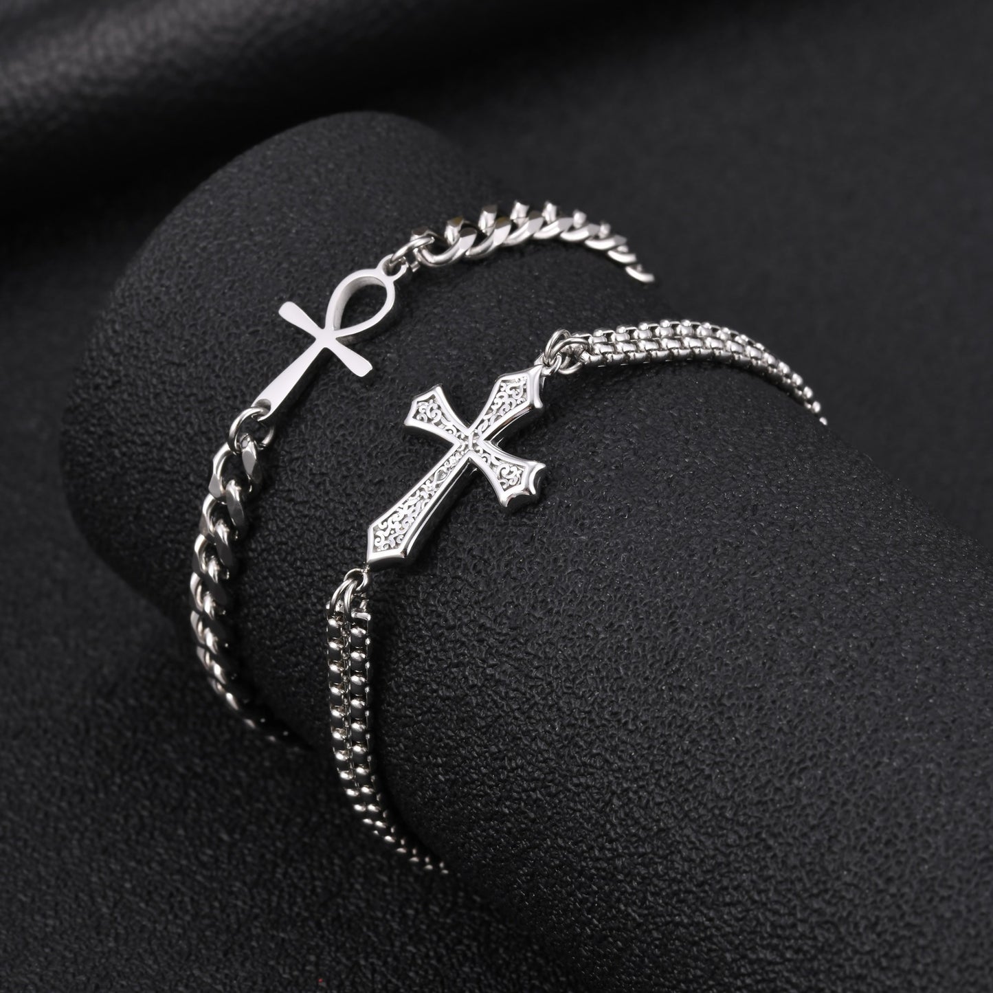 Kemstone Dual Chain Cross Bracelet for Men Stainless Steel Minimal Hip Hop Layered Wristwear BR3122
