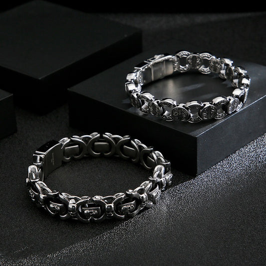 Kemstone Vintage Skull Link Bracelet for Men – Titanium Steel Heavy Chain, Antique Finish KB125372-BDJX