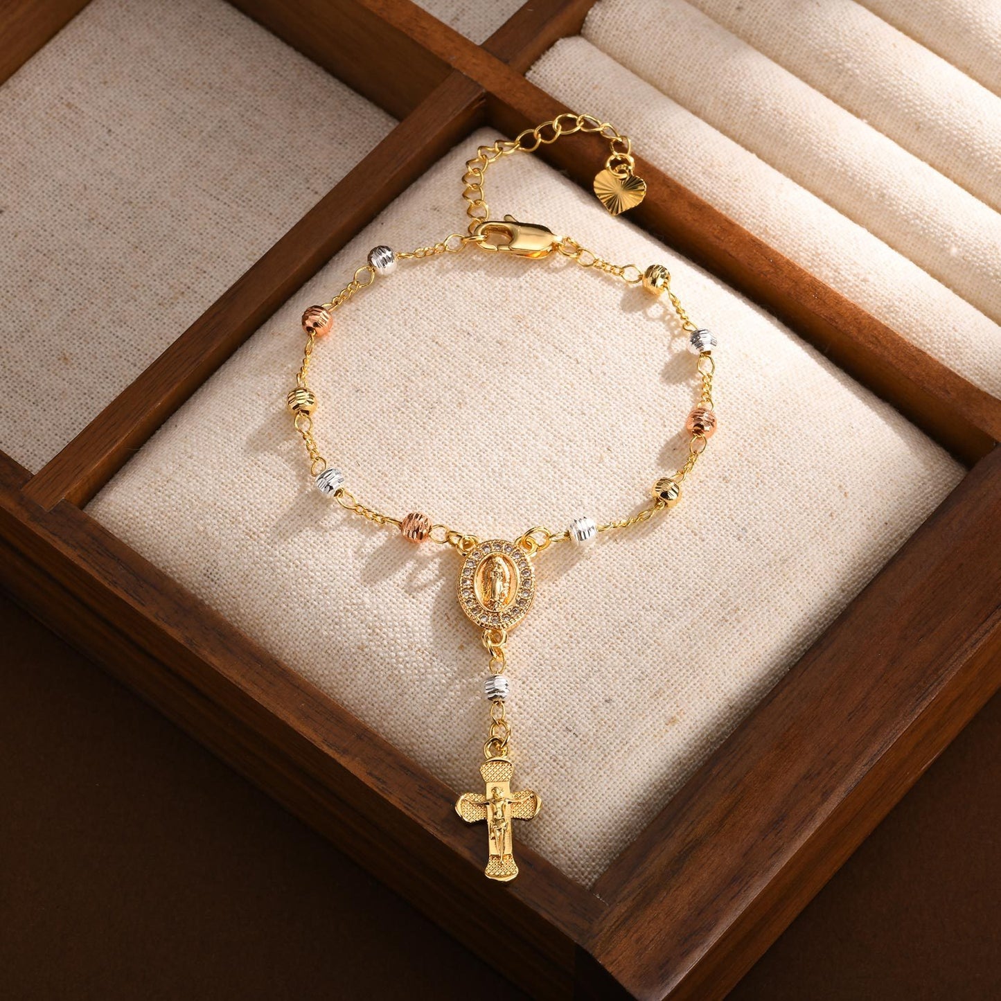 Vintage Copper Floral Bead Bracelet with Oval Madonna & Cross Charm – Faith-Inspired Jewelry for Women PBR-128