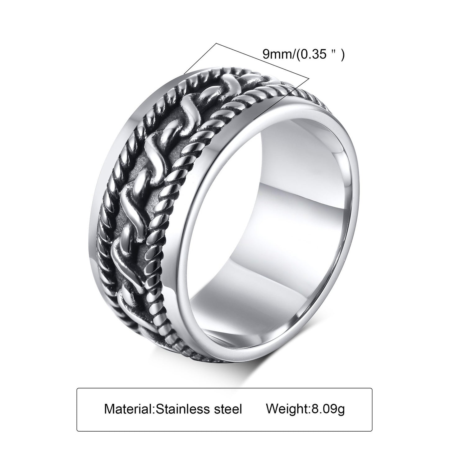 Kemstone Titanium Steel Chain Texture Ring for Men – Vintage Hip-Hop Style RC-512
