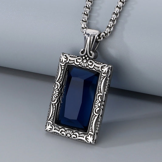 Kemstone Vintage Square Pendant – Titanium Steel Necklace with Scrollwork & Blue-Black Stone | Gothic Street Style for Men KP130520-TGX