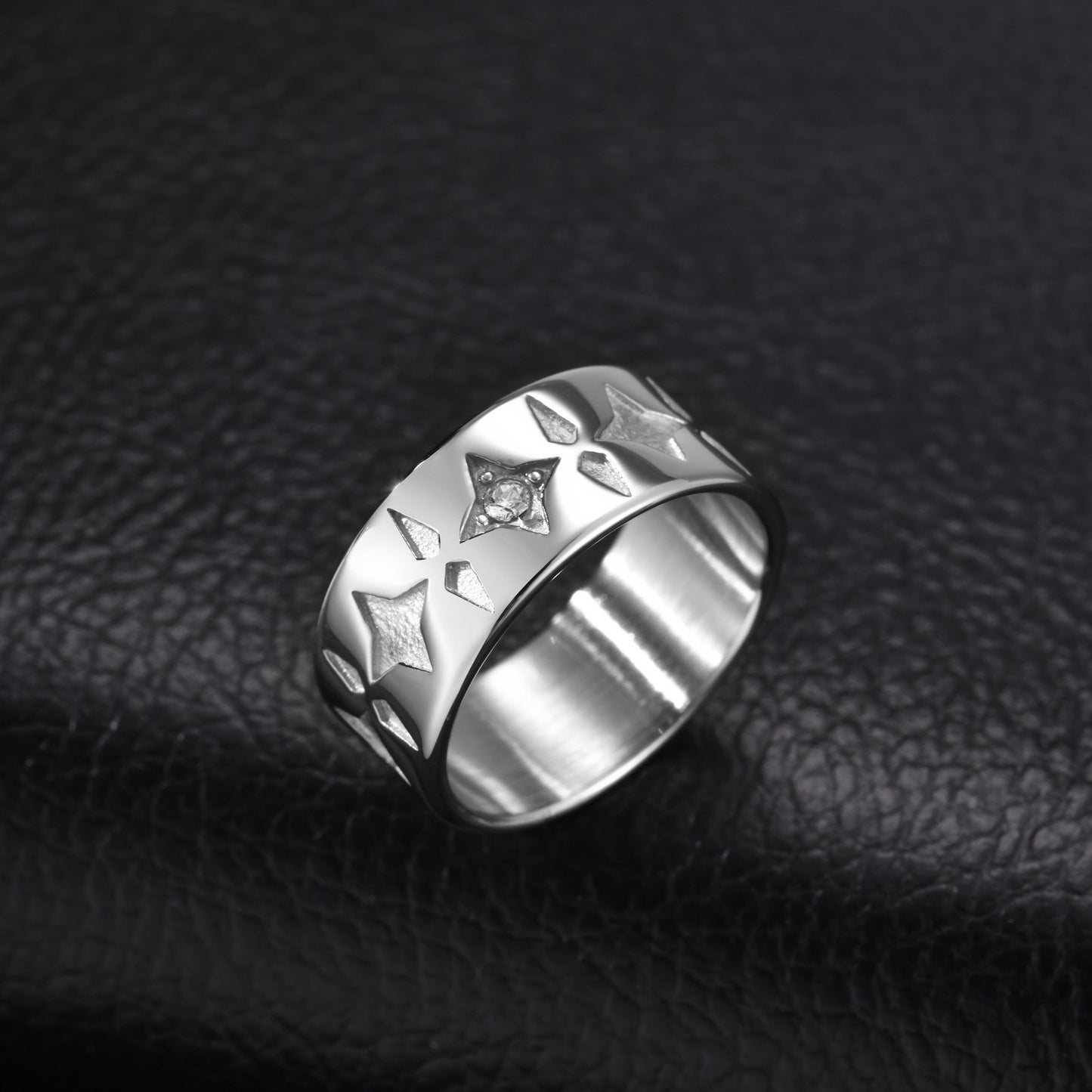 Kemstone Four Point Star Ring for Men Stainless Steel White Cubic Zirconia Wide Band RC-1117