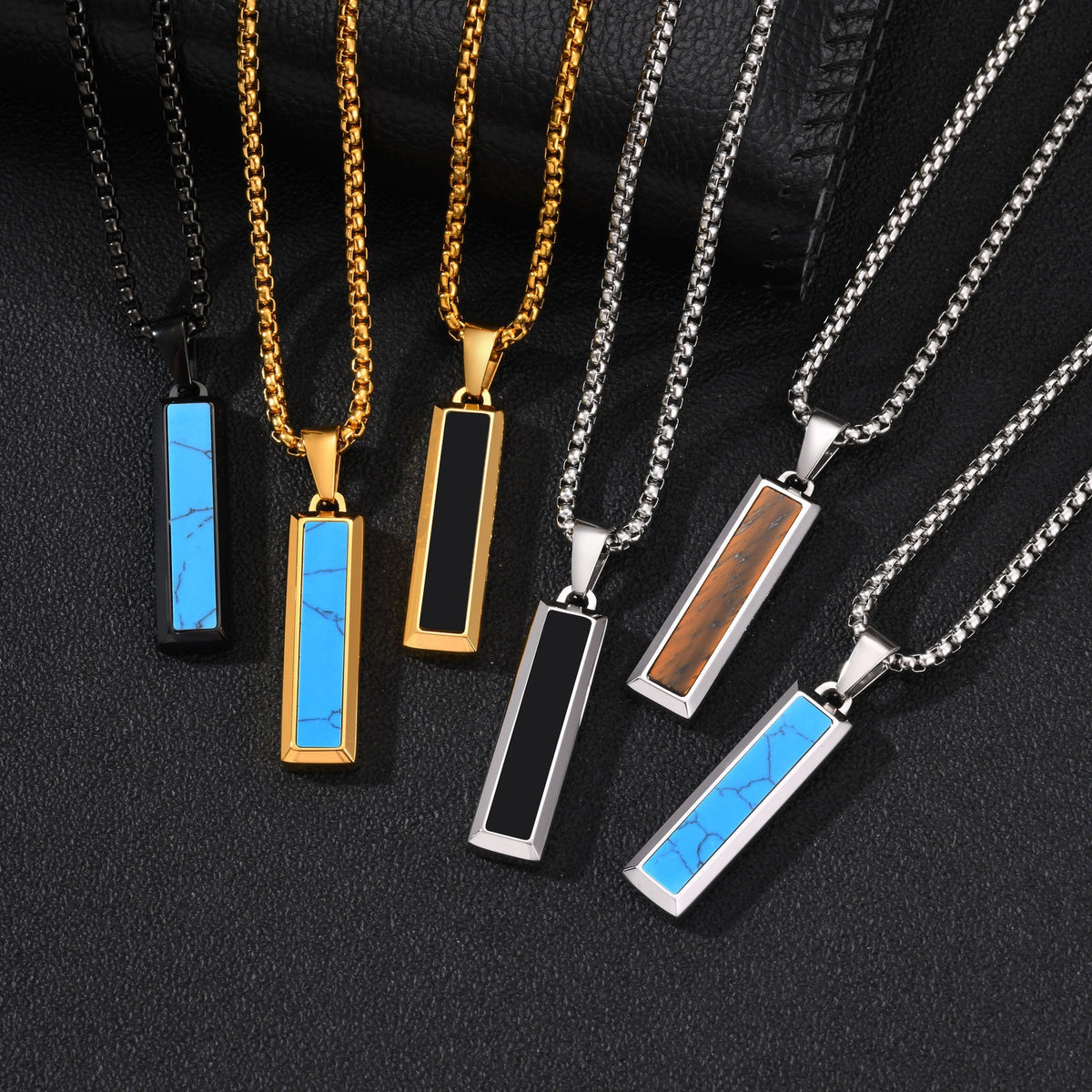 Kemstone Geometric Bar Pendant Necklace for Men Stainless Steel Tiger Eye & Turquoise Styles PN-2221