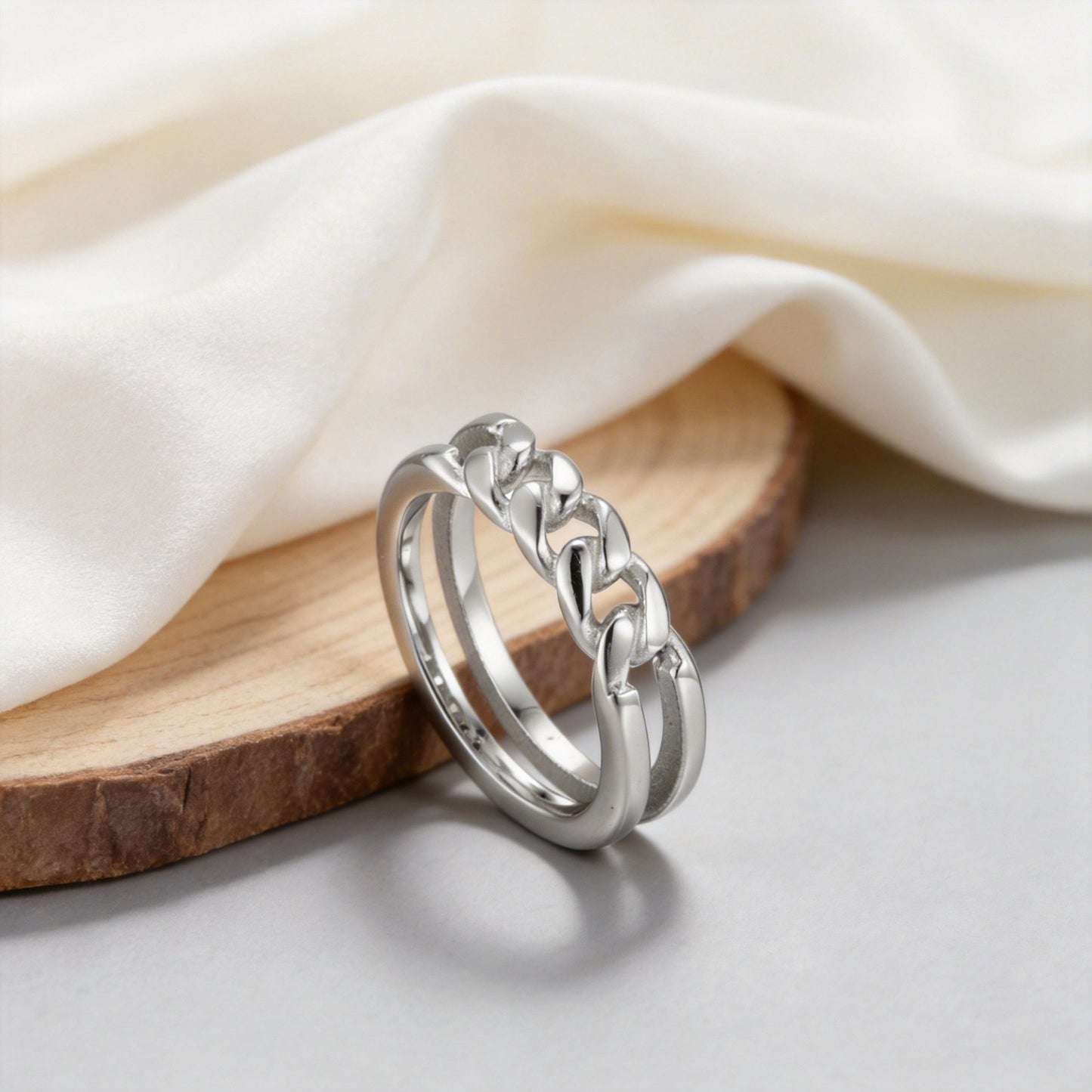 Kemstone Stainless Steel Chain Ring for Men Double Band Silver RC-1019