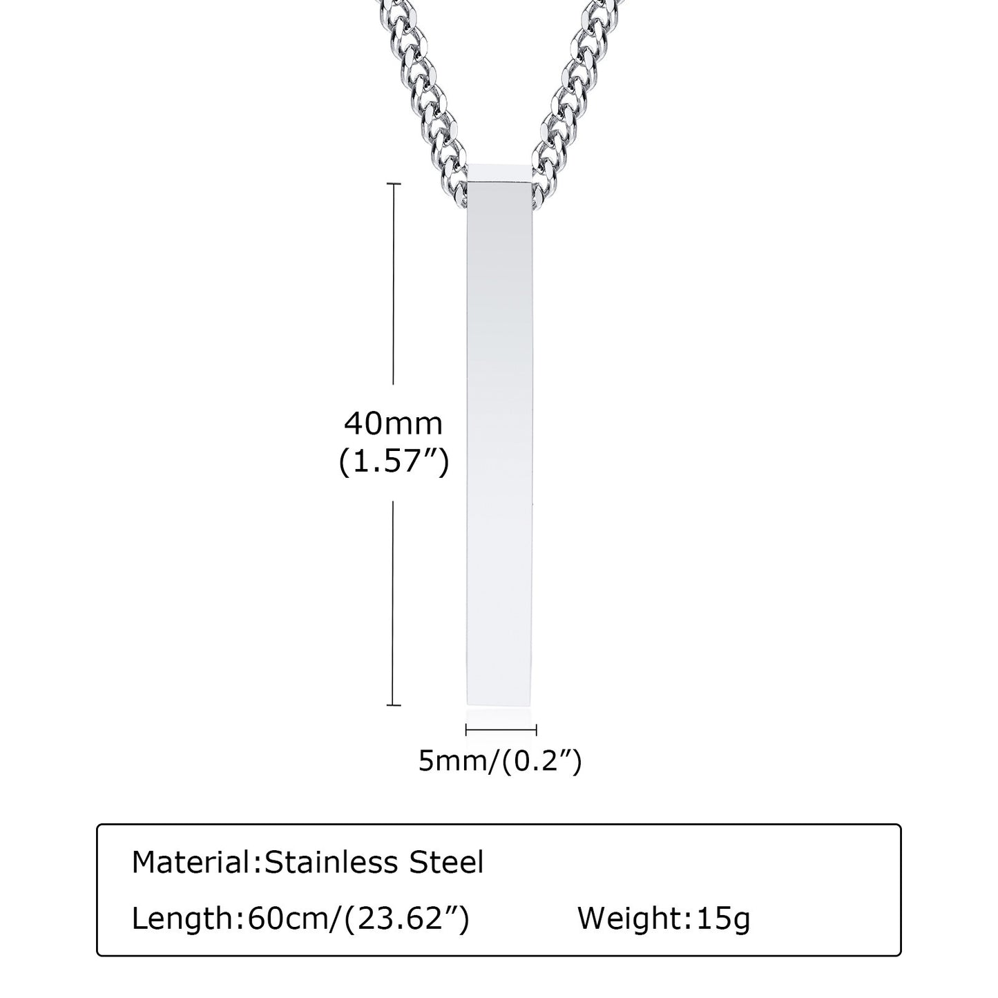Stainless Steel Rectangle Bar Pendant Necklace – Polished Minimal Style for Men NC-1271
