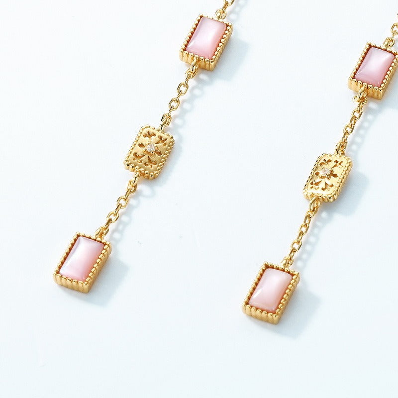 Pendientes colgantes de concha rosa, diseño original, hechos a mano por Kemstone - Diseño geométrico, plata S925 con baño de oro de 0,39 quilates