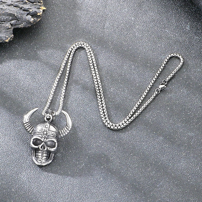 Kemstone Skull Pendant Necklace for Men Titanium Steel Horned Helmet Gold Silver KP116682-KJX