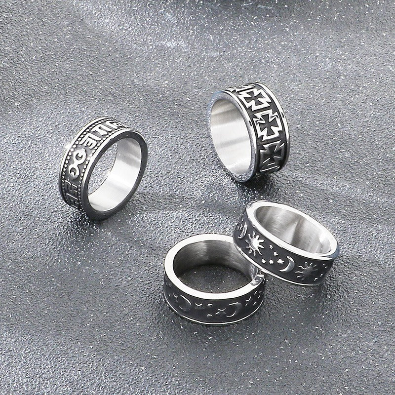 Kemstone Titanium Steel Sun Moon Star Ring for Men Vintage Symbol Band KB158011-Z