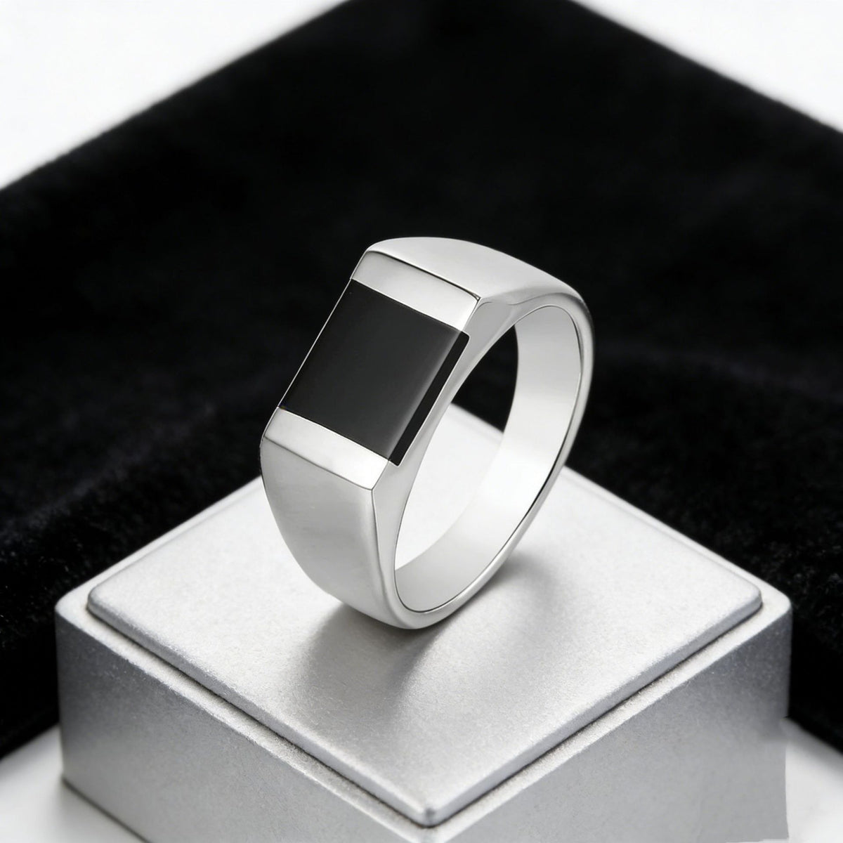 Kemstone Black Onyx Signet Ring for Men Titanium Steel R0038