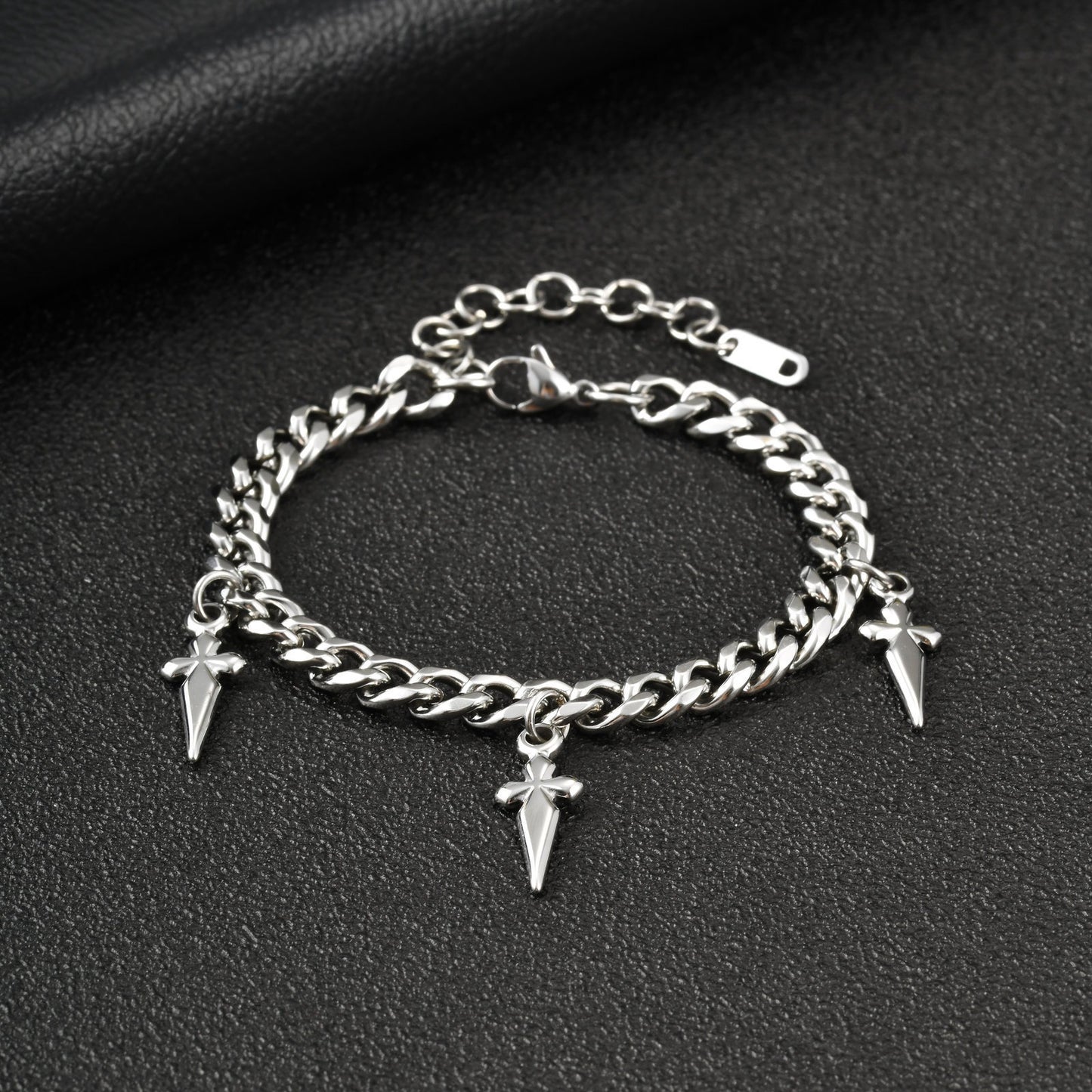Kemstone Cuban Link Bracelet with Cross Charms Stainless Steel Adjustable Chain for Men BR-2809