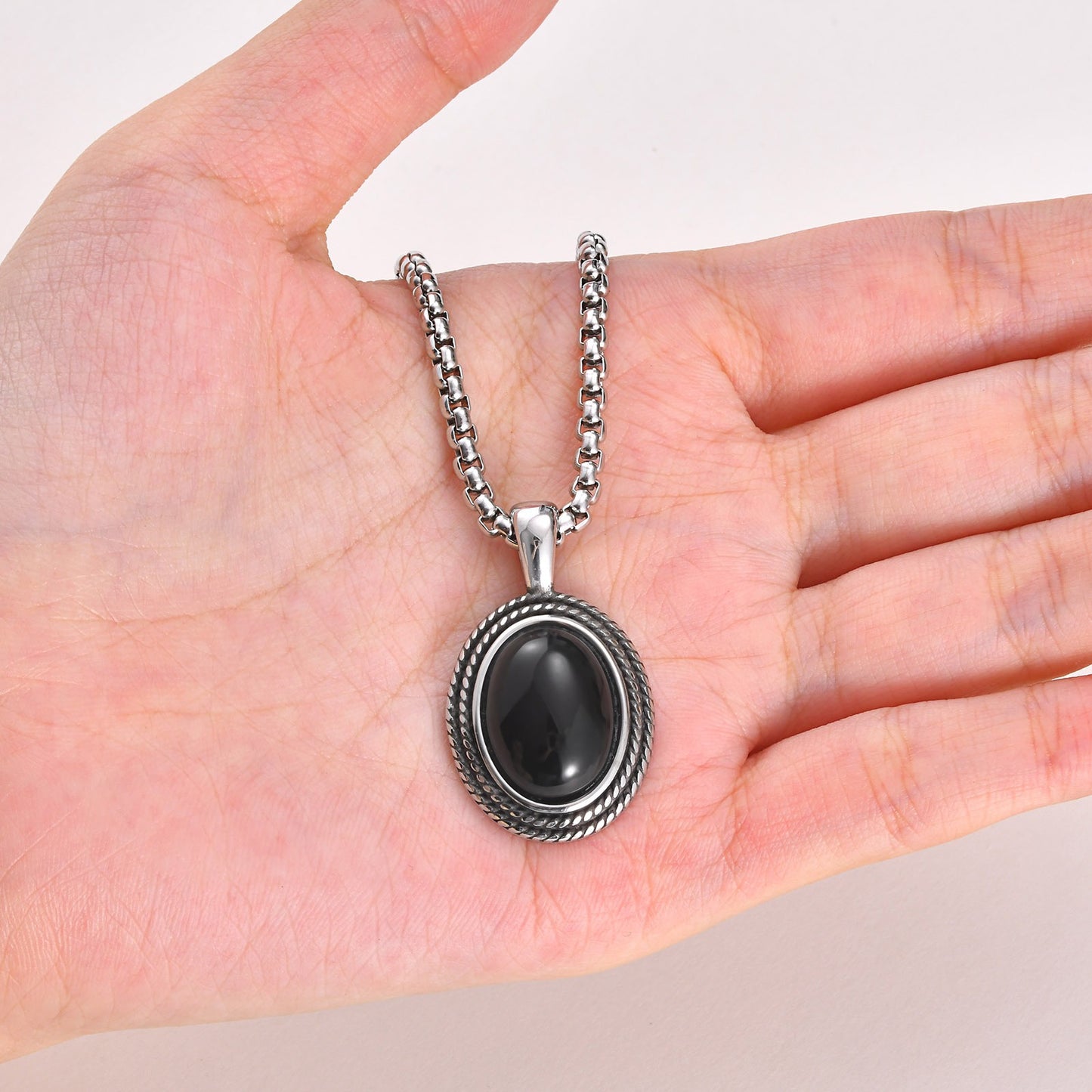 Kemston Black Stone Pendant Necklace for Men Stainless Steel Oval Vintage Frame PN-2462