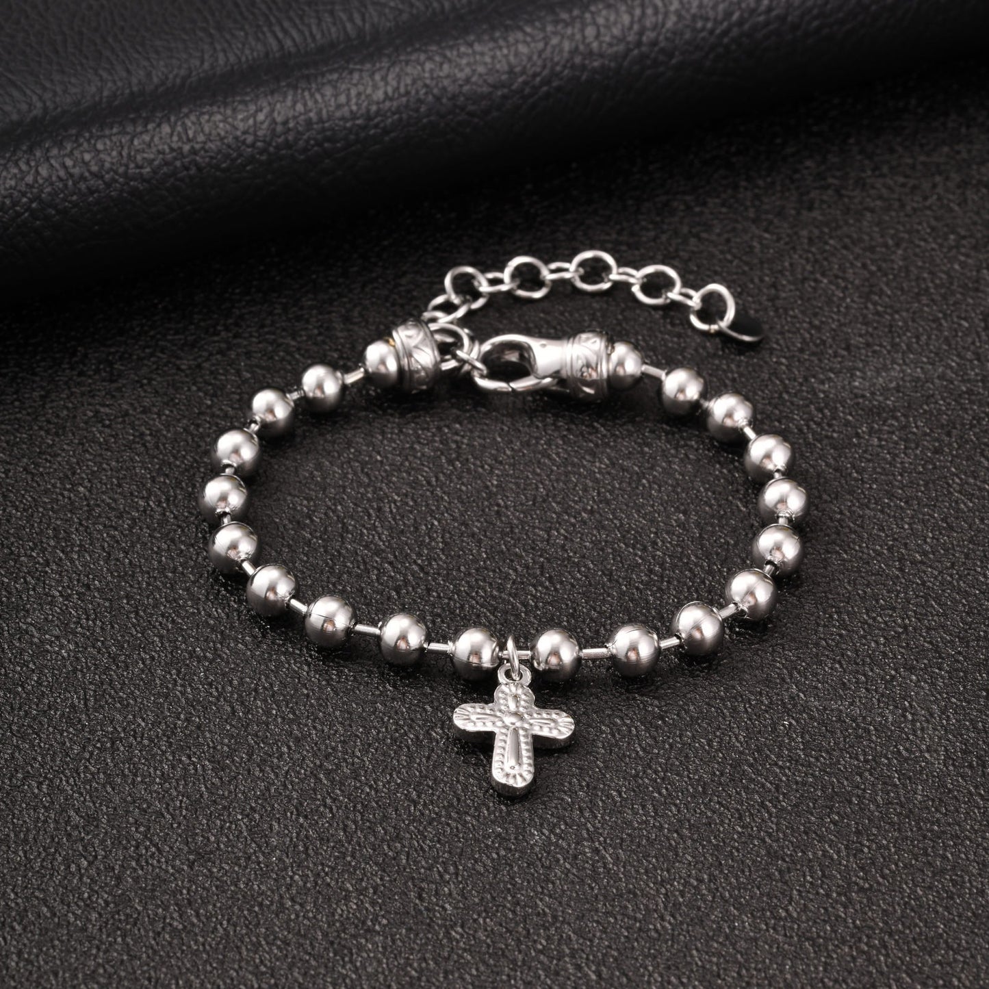 Kemstone Stainless Steel Cross Beaded Bracelet for Men Women Silver BR-2943