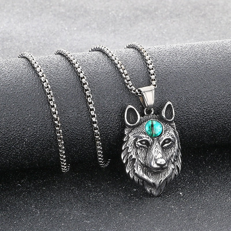 Kemstone Titanium Steel Wolf Head Pendant Necklace for Men – Eye Accent Detail KP117725-LU