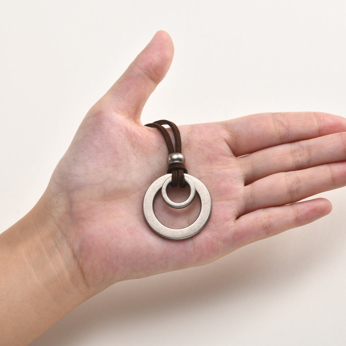 Kemstone Double Ring Pendant Necklace for Men Stainless Steel Brown Cord NC-3022