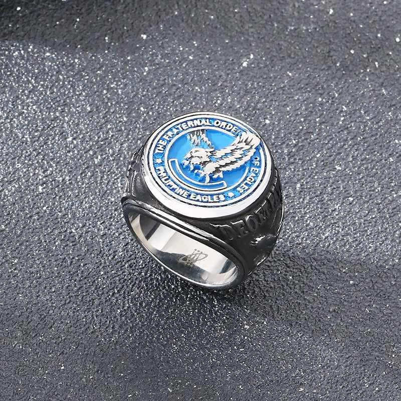 Kemstone Titanium Steel Eagle Ring – Blue Enamel Vintage Signet Jewelry, Symbol of Freedom KR114201-LU