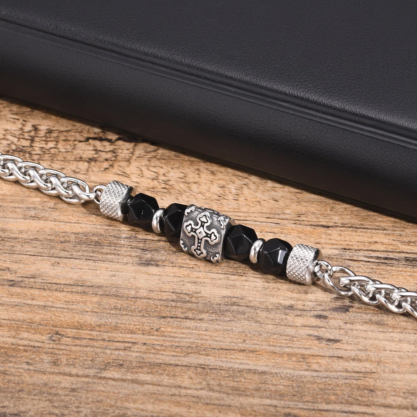 Kemstone Beaded Chain Bracelet for Men Stainless Steel Black Faceted Cross Detail BR-1907