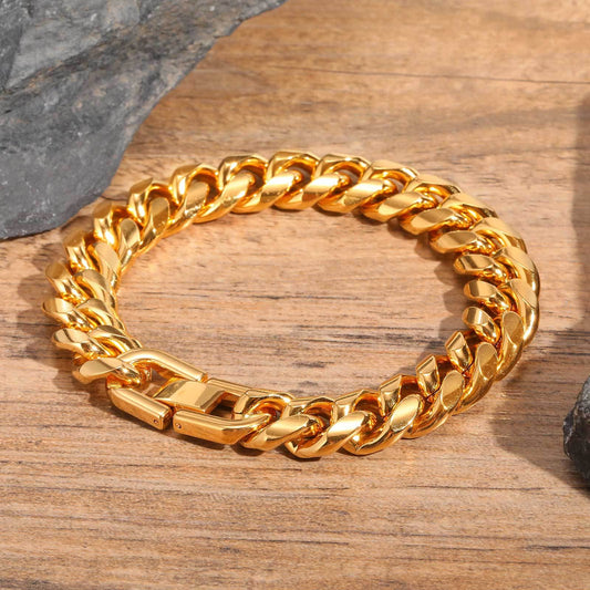 Kemstone 12mm Thick Stainless Steel Cuban Chain Bracelet - Hiphop Streetwear Accessory for Men & Women (Gold Tone) BR-1704