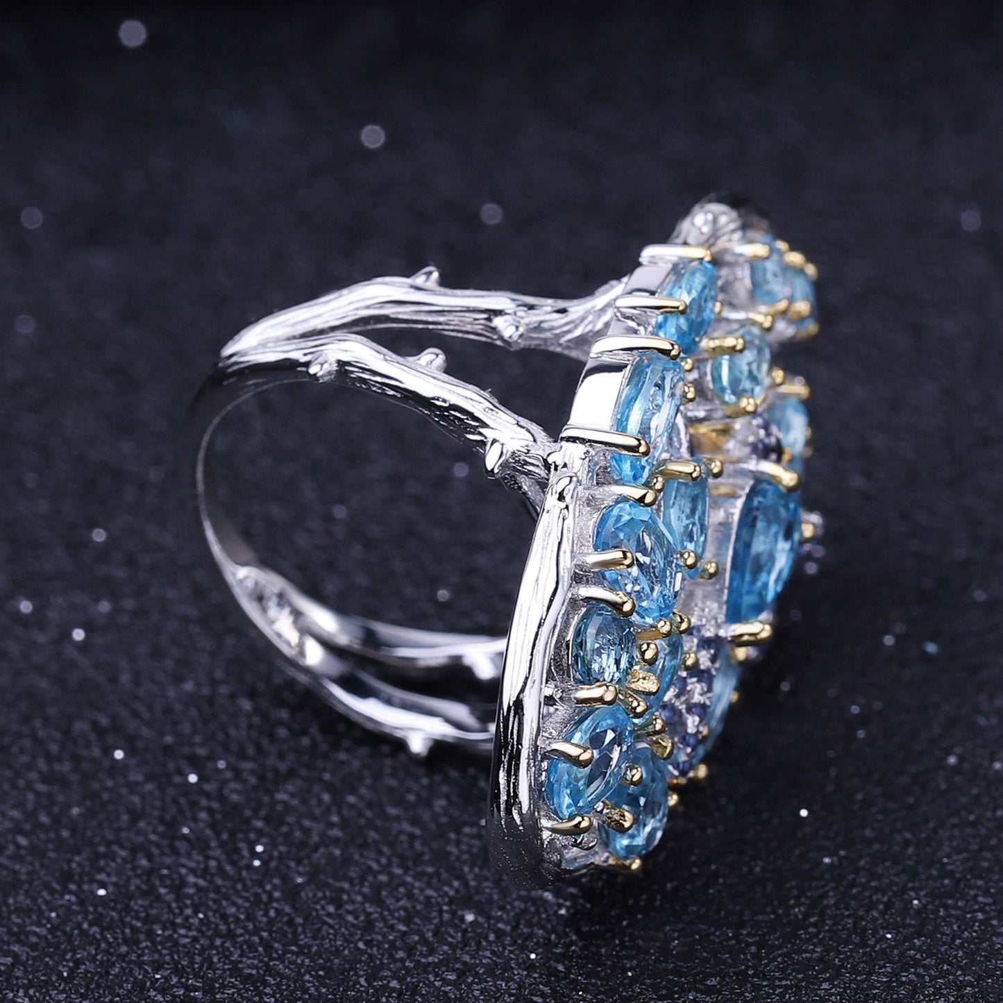 Anillo de plata de ley con diseño de nido de pájaro, bañado en oro y topacio azul suizo, hecho a mano por Kemstone, K245031R