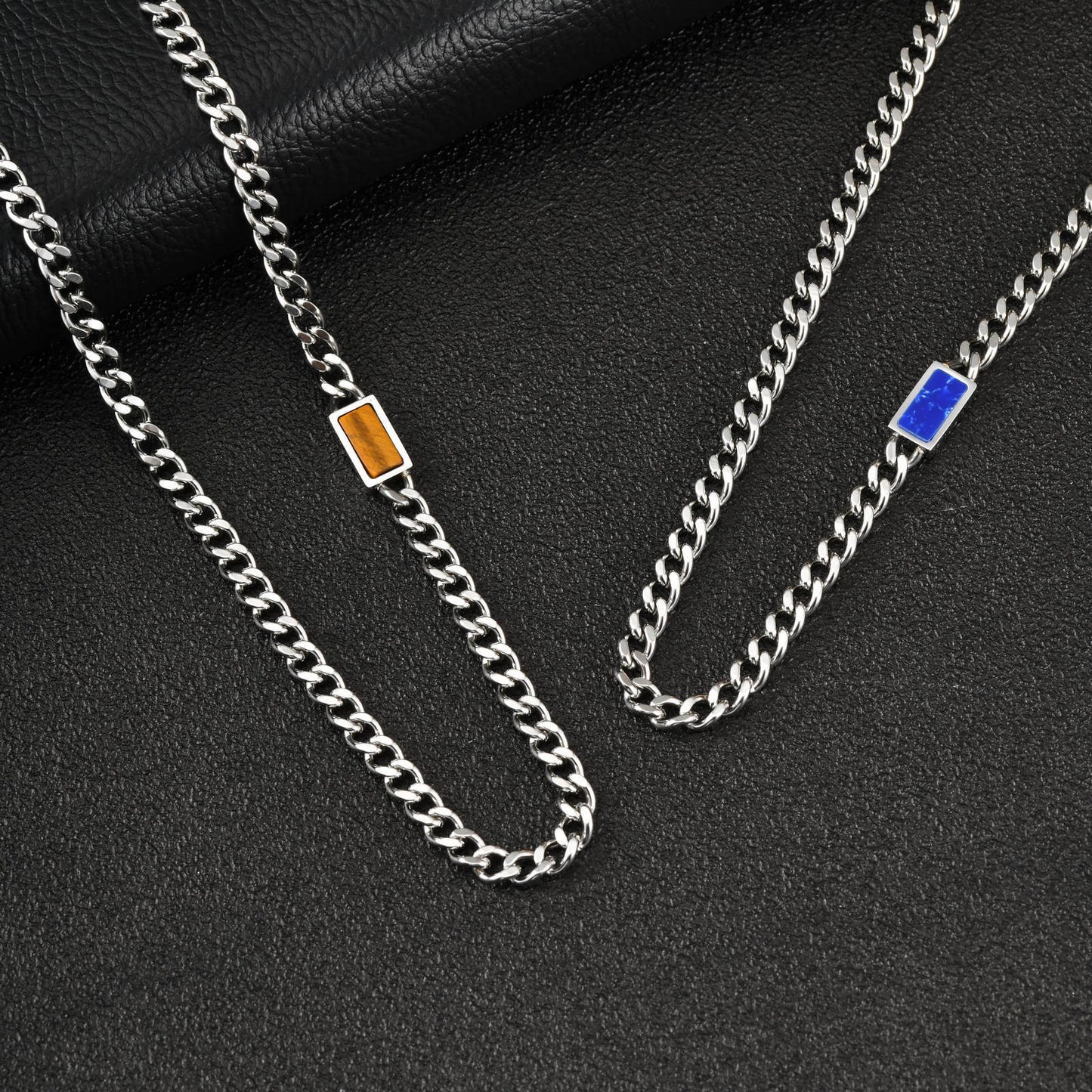 Kemstone Stainless Steel Chain Necklace for Men – Square Tiger Eye Detail Minimal Style NC-2255