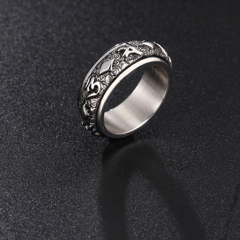 Kemstone Rotating Mantra Ring - Stainless Steel Hexagram Engraved Band with Textured Edges for Stress Relief & Positive Flow KR37988-K