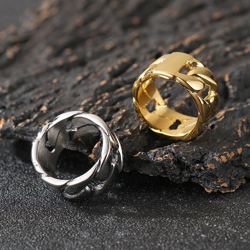 Kemstone Titanium Steel Cuban Link Ring – Wide Hollow Band for Men KR112494-KJX