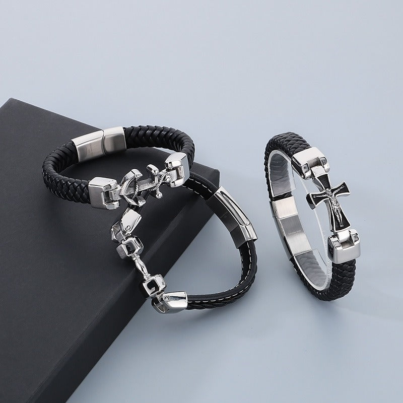 Kemstone Stainless Steel Skull Anchor Braided Leather Cuff Bracelet Punk Biker Style KB53392-K