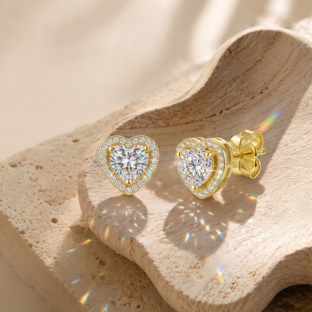 Kemston Heart Moissanite Stud Earrings for Women 925 Sterling Silver Halo SMOE38