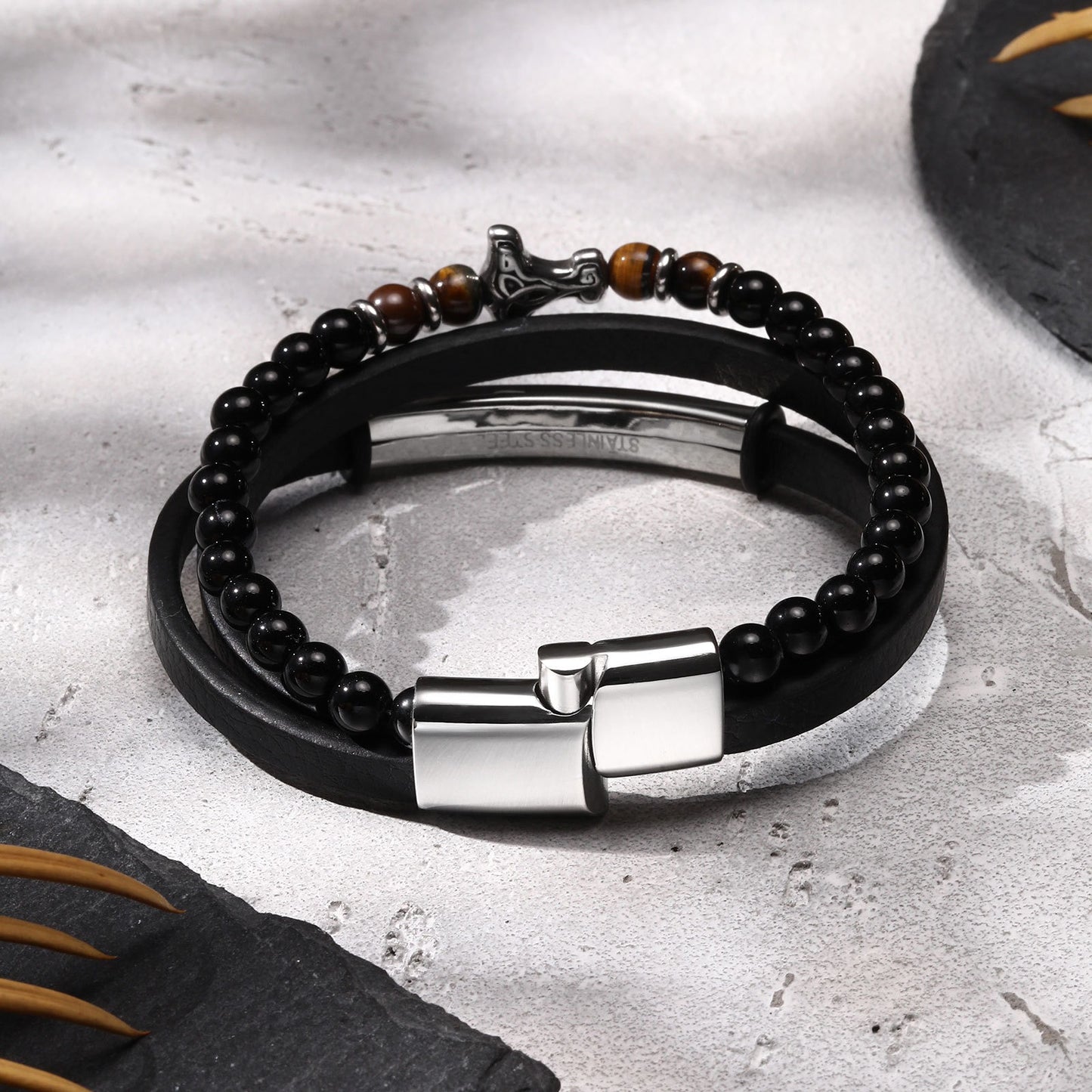 Kemstone Men’s Stainless Steel Viking Bracelet – Triple-Layer Leather with Agate & Tiger Eye BL-734
