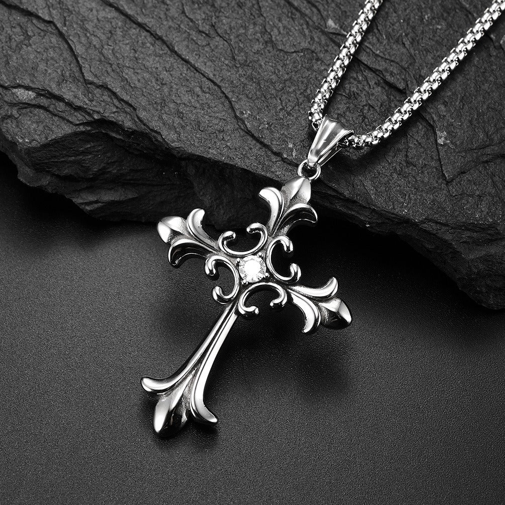 Kemstone Gothic Cross Pendant Necklace for Men Stainless Steel Cubic Zirconia Center K-PT375